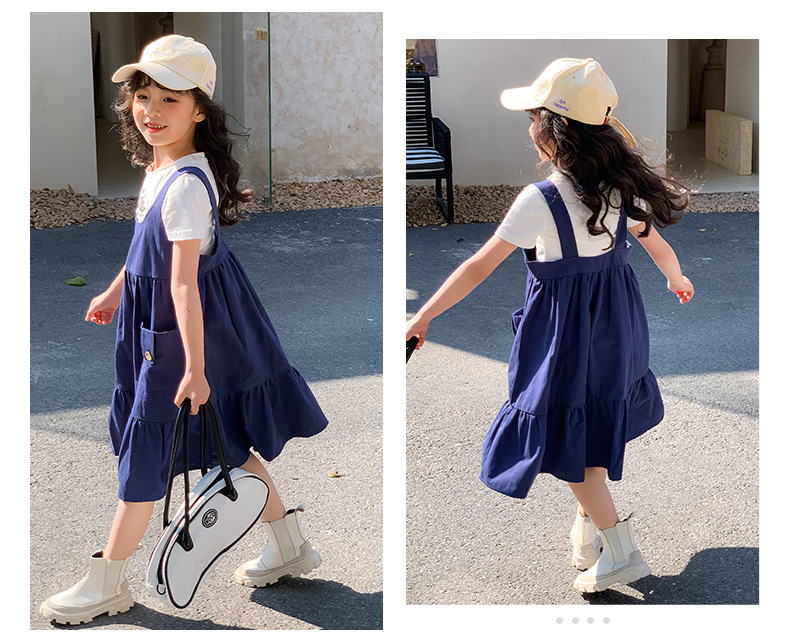 Girl Casual Alphabet T-shirt+Denim Suspender Skirt